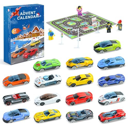 Racing Cars Advent Calendar 2025 Toys for Kids, 24 Days Christmas Countdown Calendar with Mini Racers Construction Trucks Cars Racetrack Playing Mat Boys Girls Xmas Holiday Surprise Gift