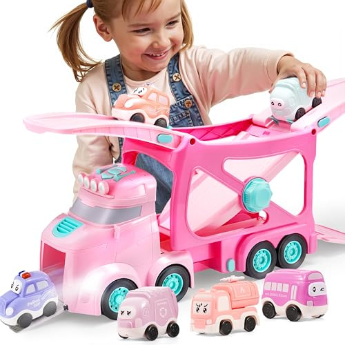 Vroomix Extra große Spielzeug-LKWs für Kleinkinder, 3-schichtige Prinzessinnen-Pink-LKWs für Mädchen, 7-in-1 Transport-LKW mit Sirene & Licht + 6 Spielzeugautos, Geburtstagsgeschenke für Mädchen