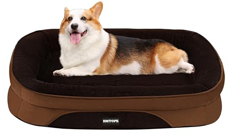 HMTOPE Orthopädisches Hundebett, Hundesofa, Vierseitiges Nackenrolle Kissen, rutschfeste Unterseite Hundekorb, Abnehmbar und Waschbar, Kleine Hunde, Mittelgroße Hunde, 90 x 71 x 15 cm, Braun