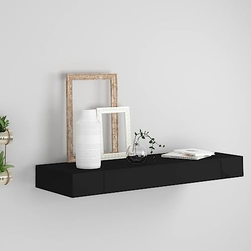homiuse Schweberegal für Wohnzimmer 80x25x8 cm Schwarz MDF Wandregale mit Schublade Aufbewahrung Kleiner Gegenstände Arbeitszimmer Schlafzimmer Hängeregal Unsichtbares Montagesystem