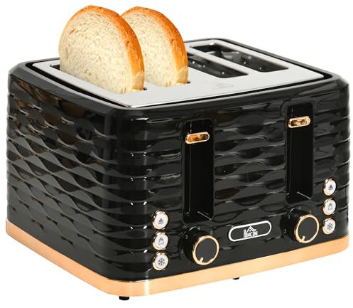 HOMCOM 4 Slice Toaster with 7 Browning Levels, High Lift, Reheat/Defrost/Cancel, Self-centring Function, Removable Crumb Tray, Auto Off, 1600W, Black Water Ripple Texture