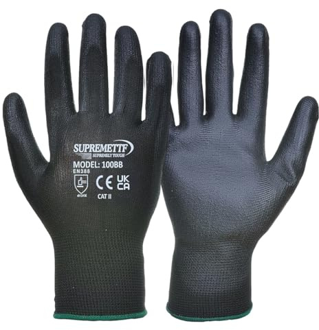 Supreme TTF Pack of 12 or 240 Work and Gardening Gloves, Safety Gloves, Black Nylon PU Coated Workwear Gloves for Builder, Gardener, Mechanic, Construction, Warehouse etc (12, MEDIUM-8)
