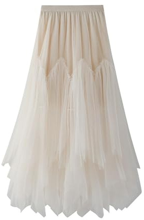 Generico Gonna Elegante Donna Asimmetrica Alta Bassa in Tulle con Vita Elastica - Gonna Midi A-Line Perfetta per Cerimonie ed Eventi Estivi 2025