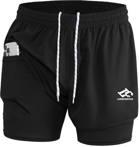 LORSPORTCH Pantalones Cortos de Running 2 en 1 para Hombre Pantalones Cortos de Fitness para Entrenamiento para maratón al Aire Libre para Hombre 01 Negro L