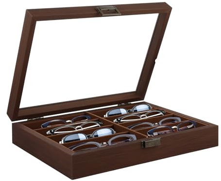 AKOLAFE Caja de almacenamiento para gafas de sol, 8 ranuras, organizador de gafas de sol de madera, a prueba de polvo, con cerradura, caja portátil para gafas para hombres y mujeres, 35 x 25,7 x 7,5