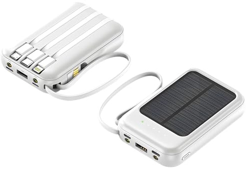 Power bank a energia solare da 20.000 mAh, caricatore portatile con cavo integrato, pannello solare per uso esterno, bianco