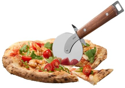GEFU Pizzarad MADERO - Rueda de corte de acero inoxidable con mango de madera de nogal y protector de hoja, para pizza, flameado y tartas, pulida por ambos lados, diámetro de 9 cm