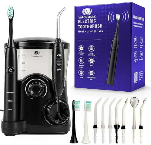 Professional Electric Toothbrush with Water Flosser, Ultrasonic Toothbrush Combo, 600ML Dental Flosser Tank, Brushing & Flossing for Teeth Cleaning and Gum Health, Colour-Coded Heads (Black Kit)