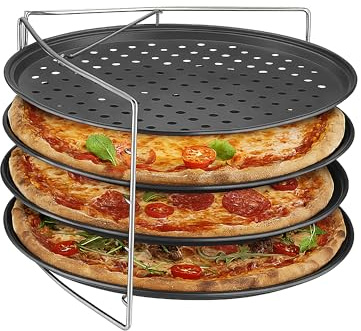 Relaxdays Pizzablech, Set de 4, con Soporte, Antiadherente, Acero al Carbono, Bandeja crujiente, Antracita/Plata