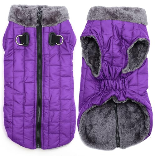 JoyDaog, Cappottino per cani in caldo pile con imbracatura resistente Buitl con anello a D, giacca impermeabile per cuccioli di piccola taglia, gilet per cani per l'inverno freddo, viola, S