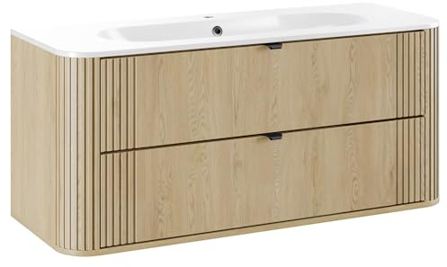 Lomadox Badezimmer-Waschtisch 120 cm in Eiche, gerillt, mit Keramik Waschbecken, 2 Schubladen, Softclose, Metallgriffe, abgerundete Kanten