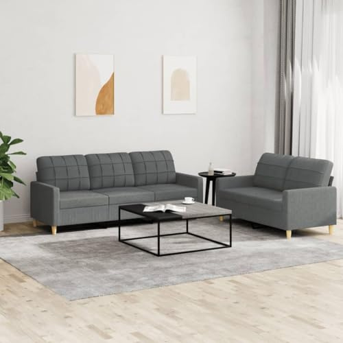 KATERYY 2-TLG. Sofagarnitur mit Kissen Dunkelgrau Stoff Möbel Wohnzimmer