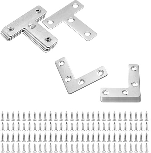LINTRA 20 Piezas Pletinas Metalicas Planas, 2 Formas Soportes de Ángulo Plano, 90 Grados Escuadras Planas, Soportes de Esquina Plana con Tornillos, para Armarios, Mesas, Sillas, 50 x 50 mm
