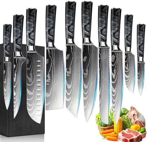 Knivblock-set, med 10 delar, handtag i harts, köksknivset med kockkniv, brödkniv, santokukniv, skalkniv, damastmönster, professionellt kockknivset i presentförpackning (Svart)