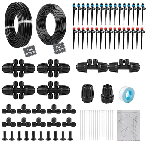 MIGUBIGU 136 Stück Bewässerungssystem Garten, Pflanzen Bewässerung Kit | Rasenbewässerung Unterirdisch Komplett Set, 14m+25m Tropfschlauch, Tröpfchenbewässerung für Terrasse Gewächshaus