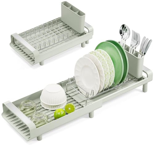 Dish Drainer Rack, Small Dish Drainer, Expandable Dish Rack With Removable Cutlery Holder, Anti Rust Small Drying Rack for Sink, Compact Draining Board Rack For Kitchen Counter, Off-white