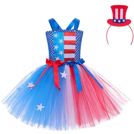 Generico Tutu Ballerina Bambina Vestito da Festa per Bambine con Gonna a Strati a Tema Bandiera per Celebrazioni e Spettacoli (Blue, 4-5 Years)