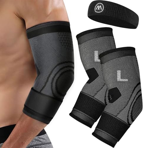 2 stycken armbågsbandage, kompression armbågsbandage för kvinnor och män, armbågsbandage med sportpannband för tennisarm och golfarm, artrit, seninflammation, svart armbågsstöd (L)