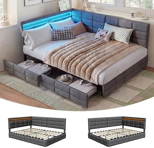 BPKADHY Polsterbett Schlafsofa 140x200 mit LED-Beleuchtung & USB-Ladestation, Jugendbett Tagesbett mit Stauraum & 2 Schubladen, Gästebett Bettgestell mit Lattenrost, Leinen Grau