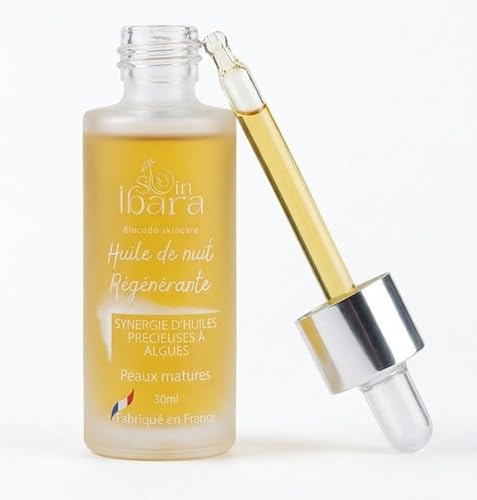 Huile de Nuit Régénérante Visage – Anti-Âge & Anti-Rides – Peaux Matures & Sèches – Avocat Bio, Rose Musquée & Baobab – Testé Dermatologiquement – Fabriqué en France – 30ml | Ibara