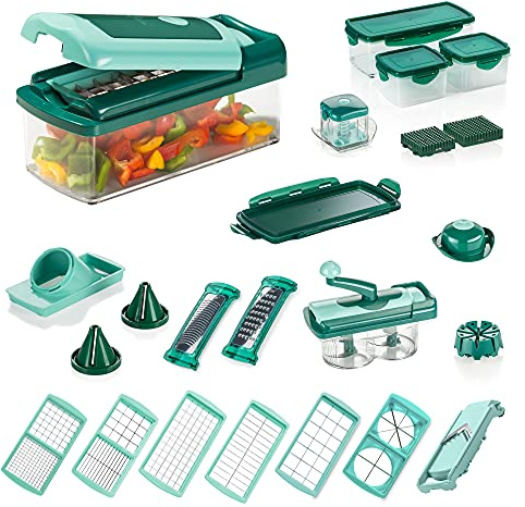 Genius Nicer Dicer Fusion Smart | 34 pezzi | Con Nicer Twist | Taglia-tutto | Fettine | Cubetti | Julienne | Spirali | Mandolina per frutta e verdura