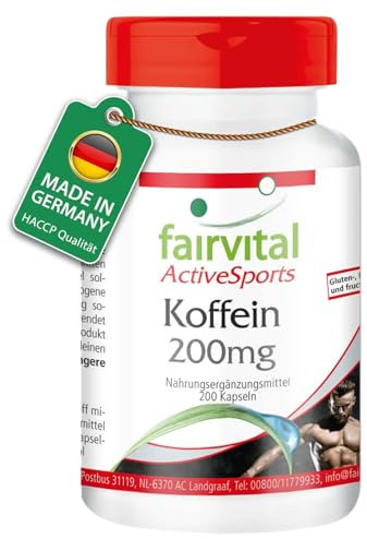 Fairvital | Koffein Kapseln - 200 hochdosierte Kapseln mit 200mg pro Kapsel - VEGAN