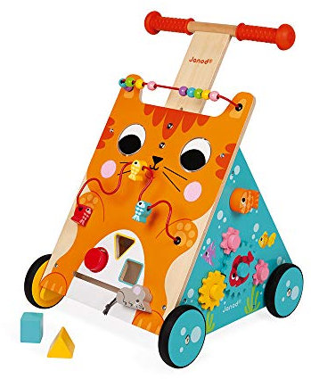 Janod Wooden Activity Baby Walker Cat - Push Along Toy with Brake and Height Adjustable Handle - First Steps, Learning to Walk - From 12 Months Old, J08005