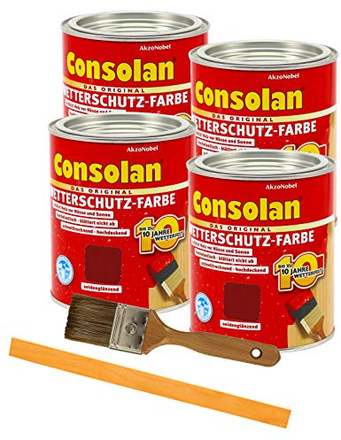 Consolan Wetterschutzfarbe deckend Holzschutzfarbe Holzfarbe bis zu 10 Jahre wetterbeständig für Holz und Zink Außen inkl. Pinsel (4 x 0,75L, rotbraun)
