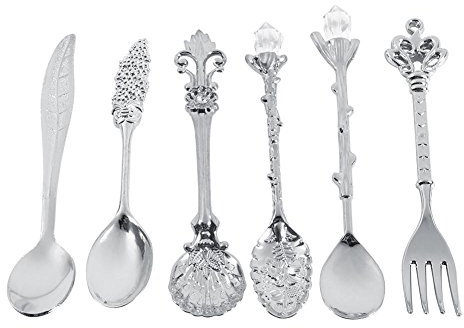 Exquisite Retro Spoons Fork Set, Royal Nostalgic Carved Flatware for Fruit, Coffee, Cake, Dessert, Sweet Snacks etc. 6Pcs/Set(Silver)