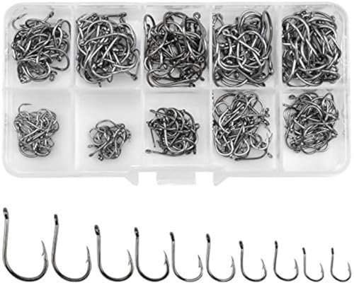 Jinlaili Angelhaken, 300 STK Kohlenstoffstahl Angelhaken in 10 Größen, Angelhaken mit Widerhaken, Angelhaken mit Öse, Angelzubehör mit Kunststoffbox, 3# - 12#