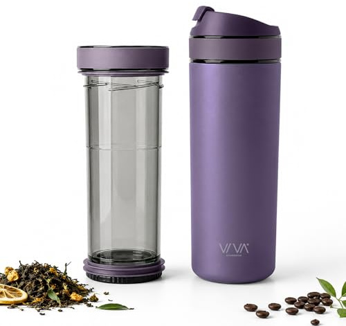VIVA Recharge Thermobecher to go, Edelstahl, Tee-Sieb, 0,46 l, Violett | Doppelwandig isolierter Edelstahl-Thermobecher, auslaufsicher, mit Sieb. Lange heiss oder kalt.