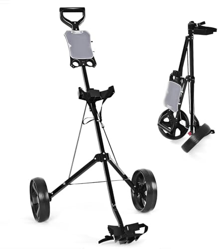 COSTWAY Chariot de Golf à 2 Roues Pliable avec Emplacement pour 4 Tees, 4 Balls et Tableau de Score, Caddie de Golf Multifonctionnel Facile à Ranger et Transporter avec Design Compact (Noir)