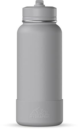 Hydrapeak 32oz Sport Insulated Water Bottle with Straw or Chug Lid, Leak & Spill Proof, Keeps Drinks Cold for 24 Hours, Hot for 12 Hours, Premium Stainless Steel Water Bottles (32oz, Grey)