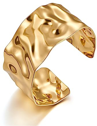 WOWORAMA Hammered Gold Cuff Bracelet for Women Wide Chunky Open Cuff Bangles Vintage Statement Gold Bracelet Adjustable Thick Wrist Cuff Bracelets