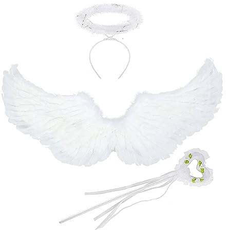Engelsflügel Weiß, Engel Kostüm Damen mit Zauberstab und Heiligenschein, 60CM Engel Flügel Kostüm für Karneval Halloween Cosplay Party Fasching Kostüme Deko