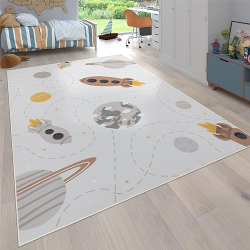 Paco Home Teppich Kinderzimmer Kinderteppich rutschfest Junge Mädchen Baby Spielteppich Rakete Planet Sterne Modern Waschbar Beige Braun Gelb, Grösse:120x160 cm