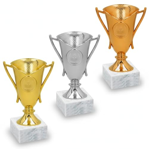 Tris Coppe Fantacalcio | Set 3 Trofei Calcio Personalizzati con Targhetta in Alluminio Stampata – Oro, Argento, Bronzo – Premi Prima, Seconda e Terza Classifica Fantalega