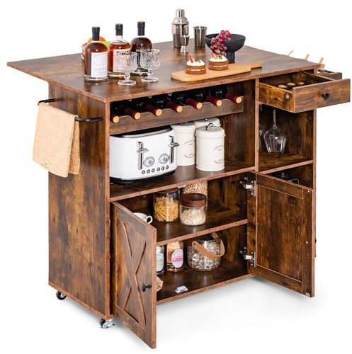 COSTWAY Desserte sur roulettes Industriel, Chariot d’îlot de Cuisine en Bois avec Plans de Travail Rabattable, Casier à Vin, Placard Étagère Réglables, pour Salon, Cuisine, Bar, Marron Rustique