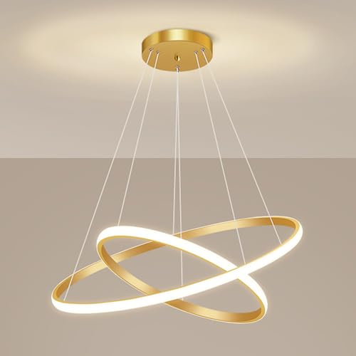 Mengjay Moderner 38W LED Kronleuchter, Kreativer 2 Ring Hängelampe Mit Höhenverstellbare Pendelleuchte, Dimmbar 3000K/4500K/6000K, Wohnzimmer Leuchter, Schlafzimmer, Esszimmer Pendelleuchte (Gold)