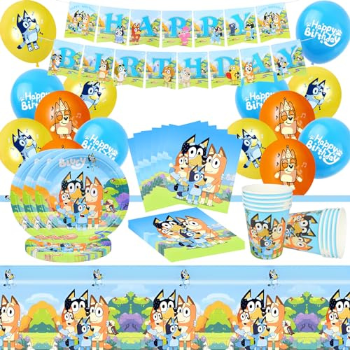 GUBOOM Bluey Decoración Cumpleaños, 60 Piezas Vajilla Cumpleaños, Juego de Vajilla para Decoración de Fiesta de Cumpleaños Bluey Incluir Banner, Globos, Vasos, Servilletas, Manteles, Platos de Papel