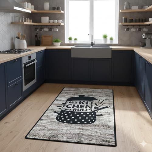 miqna Teppich Moderner Küchenteppich Gel Läufer Küchenläufer Grau Weiß Schwarz mit rutschfestem Bodenmuster mit Schriftzug Coffee Macchiato (Catinus, 120 x 180 cm)