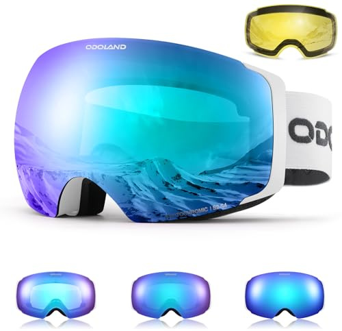 Odoland Magnetiska utbytbara skidglasögon med 2 linser, stora sfäriska ramlösa snö snowboardglasögon för män kvinnor, vit ram blå lins, fotokromatisk lins