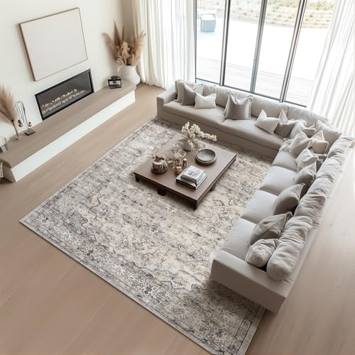 Topfinel Large Grey Rug 200x290 for Living Room, Faux Wool Short Pile Non-Slip Area Rug, Machine Washable Traditional British Design for Bedroom Dining Room