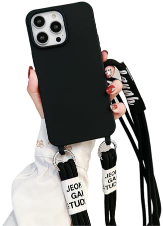 Emlivi Handykette Hülle für iPhone 13 Pro Max, Necklace Handyhülle mit Kordel zum Umhängen Weich Silikon Nylon Schultergurt Case Cover TPU Stoßfest Schutzhülle mit Band, Schwarz