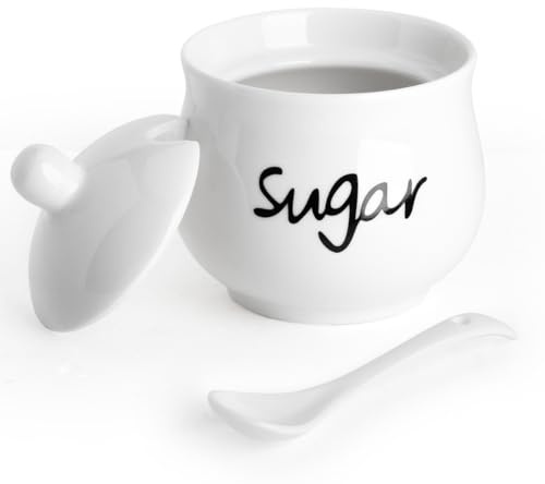 Ceramic Sugar Bowl with Lid and Spoon,Porcelain Sugar Jar Sugar Dispenser,White Sugar Container for Coffee Bar Home and Kitchen Decor 7 Ounces