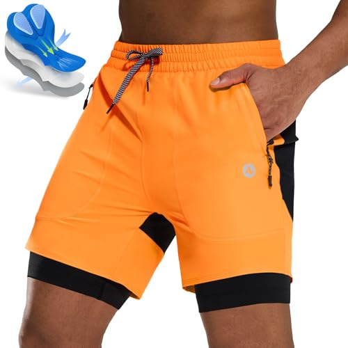 Nepest Mountainbike Hose Herren Kurz MTB Shorts Polster Bike Shorts Herren mit Tasche Radlerhose Orange/Schwarz,L