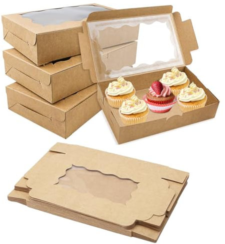 LYSHOOCE 20 Stück Keksschachtel mit Sichtfenster Kraftpapier Gebäckkarton Geschenkbox mit Fenster 18 X 11 X 4CM Gebäckkarton mit Sichtfenster Cupcake box Muffin Transportbox Pralinenschachtel