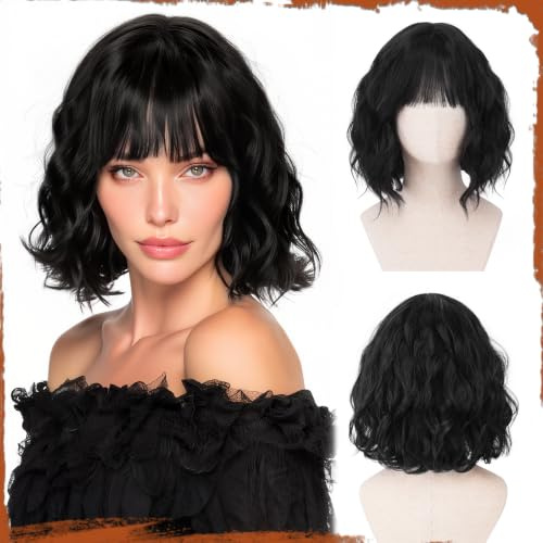 Sofeiyan Perücke Damen,30 cm Kurze Gewellte Bob Perücke mit Pony | Schwarz Perücke Bob,Synthetische Perücke für Frauen Natürliche Lockige Perücken für Cosplay Alltag Party Halloween