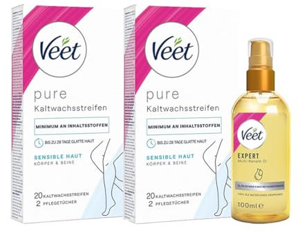 Veet Kaltwachsstreifen für sensible Haut (40 Stück) + Körperöl für die Rasur & nach der Haarentfernung (100ml)