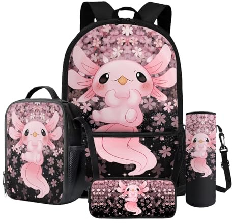 Dngkaoje 4 i 1 barn skolväska set skolryggsäck för barn flickor pojkar med lunchlåda pennfodral vattenflaska ärm, Sakura Axolotl söt